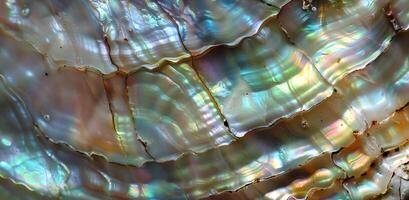 Shimmering layers of an abalone shell with iridescent colors under natural light photo
