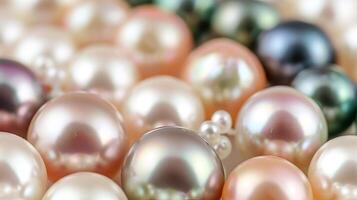 Colorful array of lustrous pearls on a pearl background creating an elegant display photo