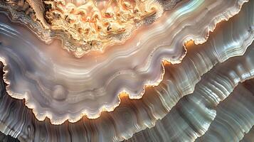 Geode formation showcasing intricate layers of agate and quartz against a soft pearl background photo