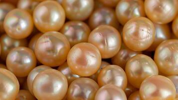 A collection of lustrous pearls displayed against a soft, neutral background photo