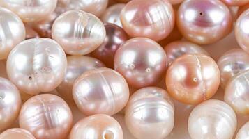 An array of lustrous pearls lies on a gentle pearl background, displaying shades of pink and white photo