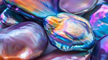 Colorful iridescent pearls create a vibrant display against a soft background in natural light photo