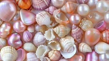 A close-up view of colorful pearls and shells arranged against a soft pearl background photo