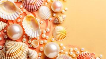 A collection of seashells and pearls arranged elegantly on a warm pearl background for decoration photo
