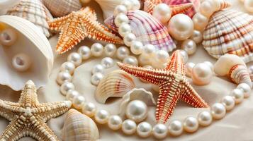 Seashells and pearls beautifully arranged on a soft pearl background in an elegant coastal setting photo