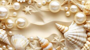 Decorative arrangement of seashells and pearls on a soft pearl background for a coastal theme photo