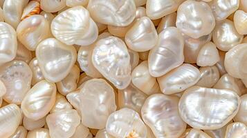 Natural pearls arranged closely together on a soft pearl background highlighting their unique shapes photo