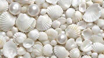 A close-up view of assorted white shells and pearls displayed on a soft pearl background photo