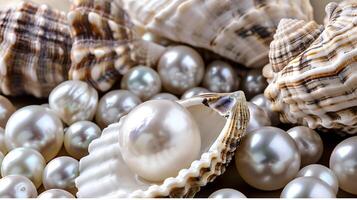 Elegantly arranged pearls and shells on a soft pearl background creating a serene marine display photo