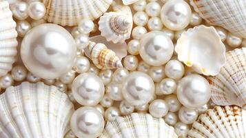 An array of white pearls and seashells on a soft pearl background photo