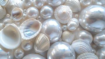 A detailed view of a collection of pearl-like shells arranged beautifully with a soft background photo