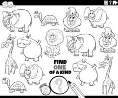 one of a kind activity game with cartoon animals coloring page vector