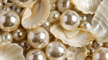 Natural pearls and oyster shells with shimmering luster on a soft pearl background photo