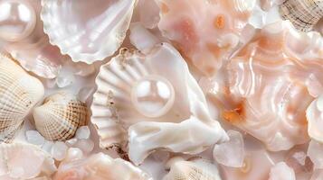 Close-up view of various seashells on a pearl background showcasing intricate details and colors photo