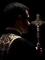 Priest praying in solemn silence while holding a crucifix in a dimly lit space during worship photo