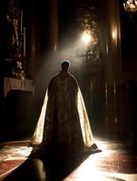 A priest in a chapel prays thoughtfully in the soft glow of candlelight during evening prayers photo