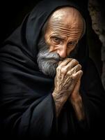 A priest prays earnestly in dark attire during a quiet moment of reflection in a sacred space photo
