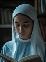 A nun deep in prayer while reading a sacred text in a quiet library during evening hours photo