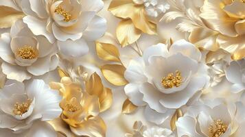 Elegant Rococo floral relief design with white and gold accents in ornate background photo