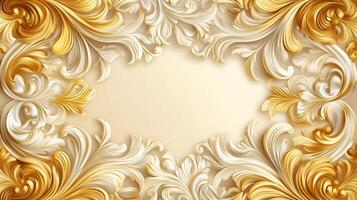 Elegant Rococo floral relief design in white and gold on a soft beige background photo