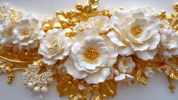 Elegant Rococo white and gold floral relief with intricate designs and delicate details photo