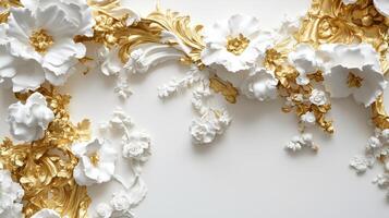 Elegant Rococo style white and gold floral relief design with intricate details for interior decor photo