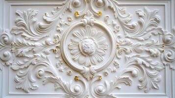Detailed Rococo floral relief design featuring white and gold elements on an ornate background photo