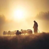 Shepherd guiding sheep at dawn while offering prayers in a serene landscape photo