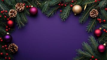 Festive Christmas background featuring evergreen branches and ornaments with space for your message photo