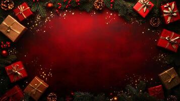 Festive Christmas background featuring decorated gifts and greenery with ample copy space photo