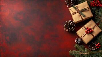 Festive Christmas background featuring wrapped gifts and natural elements with ample copy space photo