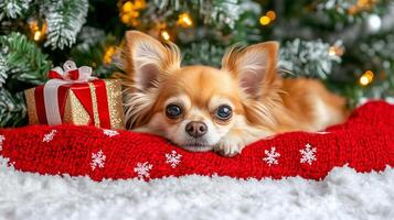 A small Chihuahua rests under a Christmas tree with a gift nearby photo