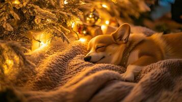 A cozy corgi peacefully sleeping beside a beautifully decorated Christmas tree with warm lights photo