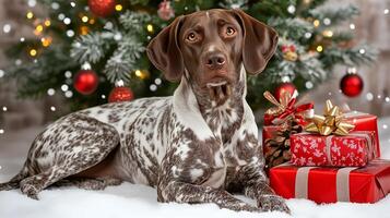 German Shorthaired Pointer relaxing by the Christmas tree with colorful decorations and presents photo
