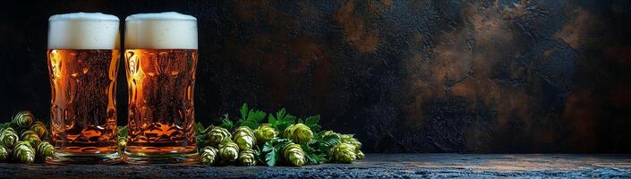 Glasses of beer and green hops on a dark background with space for text photo