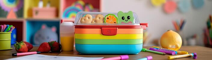 Multicolored striped children's lunch box on the study table next to pens and papers photo