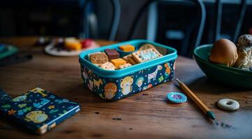 Blue children's lunch box with crackers and cheese on a wooden table on a dark background with space for text photo