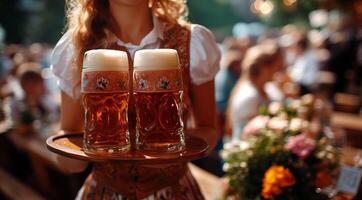 Woman with glasses of beer on a tray against a background of people with space for text photo