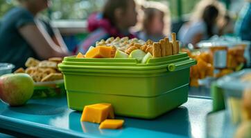 Green lunch box with cheese, crackers and apples on the table in the school cafeteria close up photo
