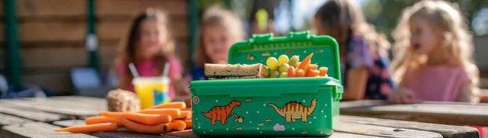 Green lunch box with carrot sticks, grapes and bread on a wooden table outdoors on a light background with space for text photo
