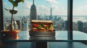 Metal lunch box with sandwiches on a glass table near the window on a city background with space for text photo