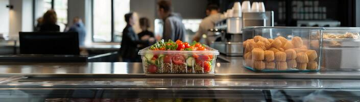 Lunch box with buckwheat and vegetables on the table in a coffee shop near the cakes and coffee machine with space for text photo