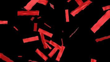 Big falling shiny red confetti isolated on transparent black background. Bright festive tinsel of red color video