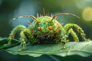Spiky green insect smiling and posing on a leaf photo