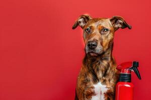 Beautiful dog posing with a red spray bottle on red background photo