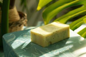 Natural soap bar resting on a patterned surface with plants photo