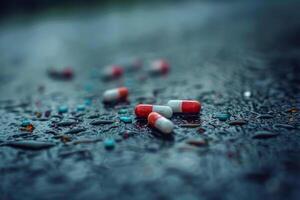 Red and white pills lying on wet asphalt photo
