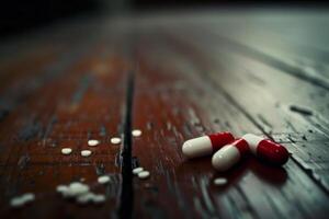 Red and white pills spilling on worn wooden table photo