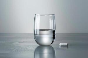 Glass of water with pill sitting on wet tabletop photo