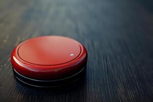 Red button sitting on dark wooden surface is glowing photo